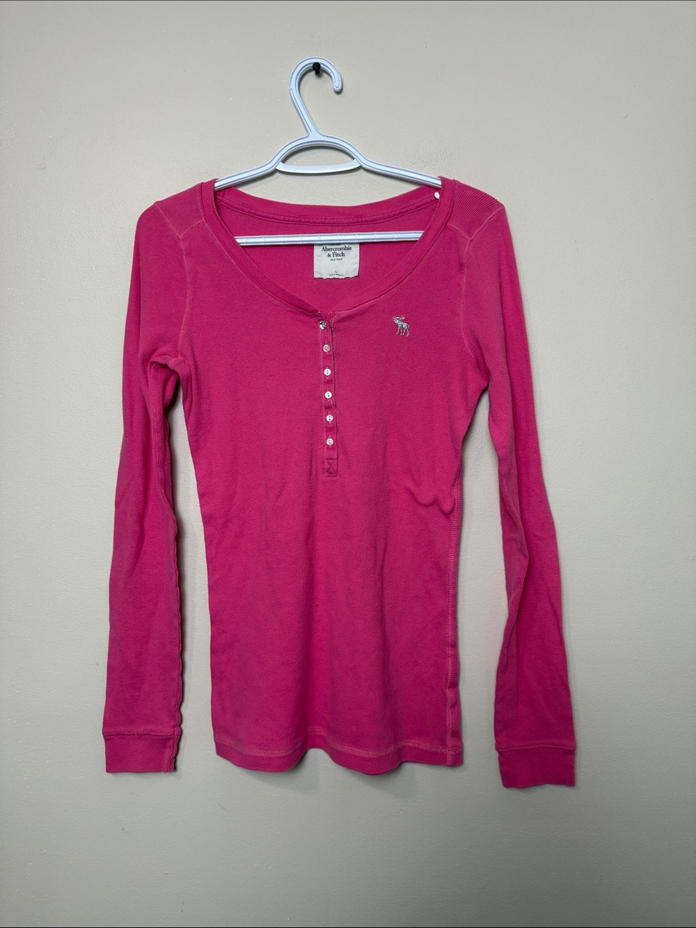 Y2k Abercrombie & Fitch Hot Pink Long-Sleeve Henley Top size L